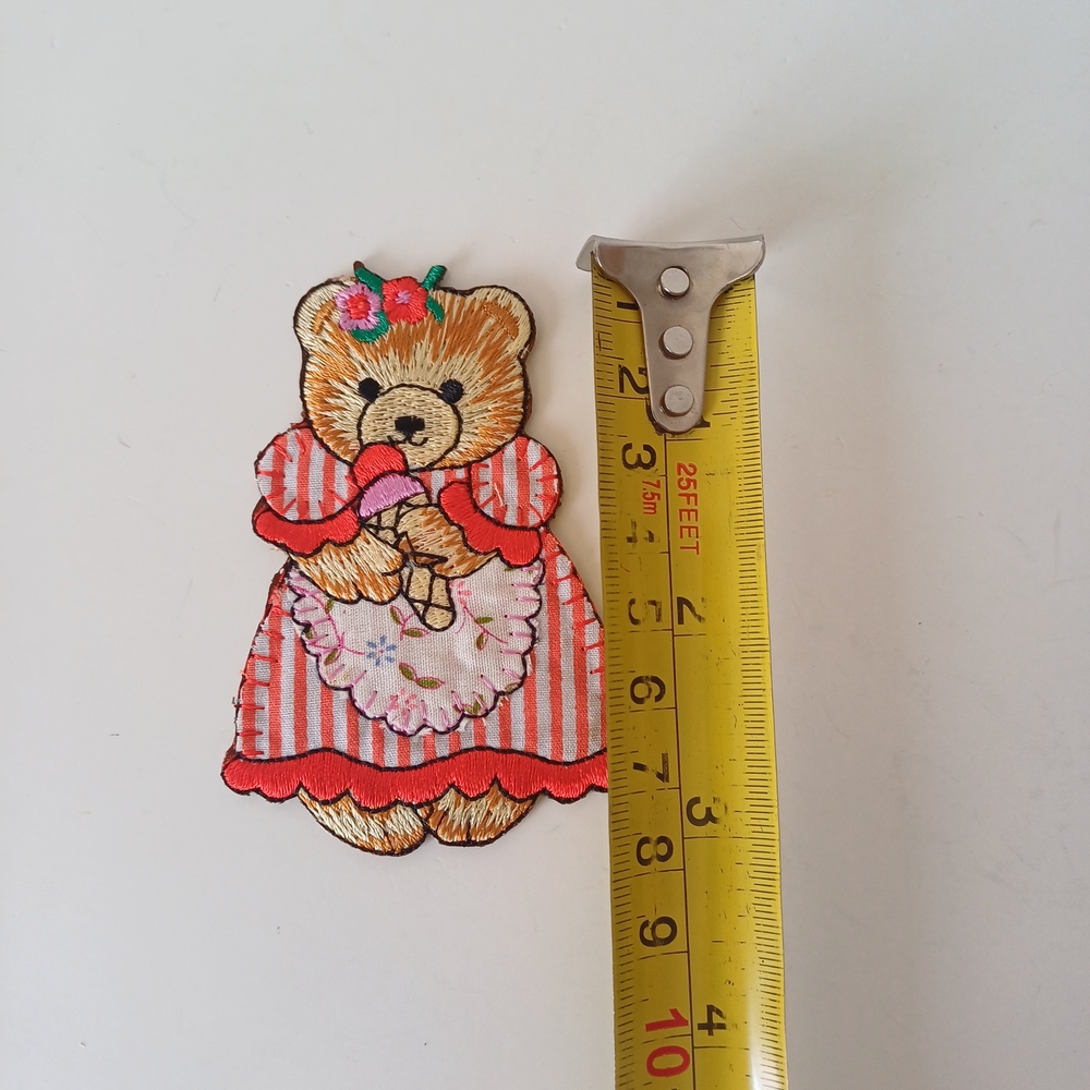 Lovely Vintage Teddy Bear Girl with Striped Dress Sew On Patch 3" x 2" - Picture 3 of 4